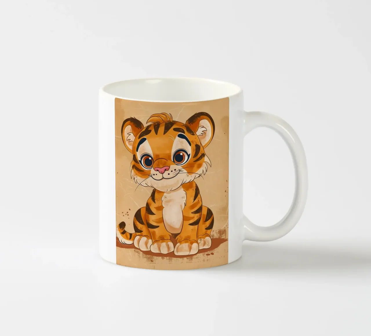 Simpatica tigre dei cartoni animati con occhi grandi e sguardo giocoso tazza in ceramica da DesignDoodle
