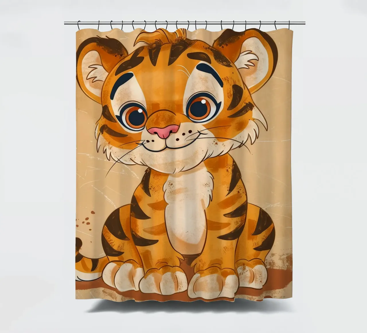 Simpatica tigre dei cartoni animati con occhi grandi e sguardo giocoso tenda da doccia da DesignDoodle