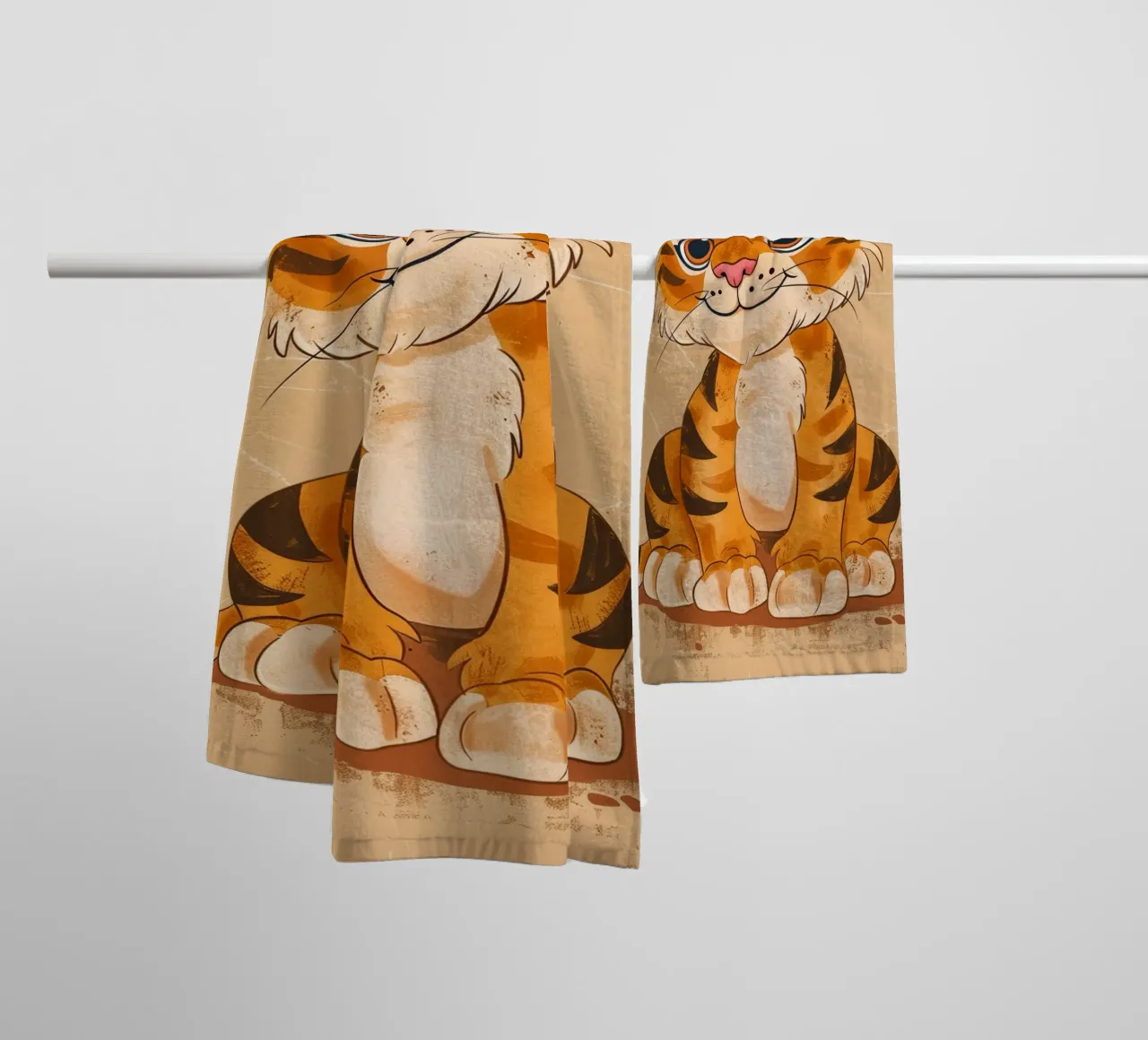 Simpatica tigre dei cartoni animati con occhi grandi e sguardo giocoso asciugamano da bagno da DesignDoodle
