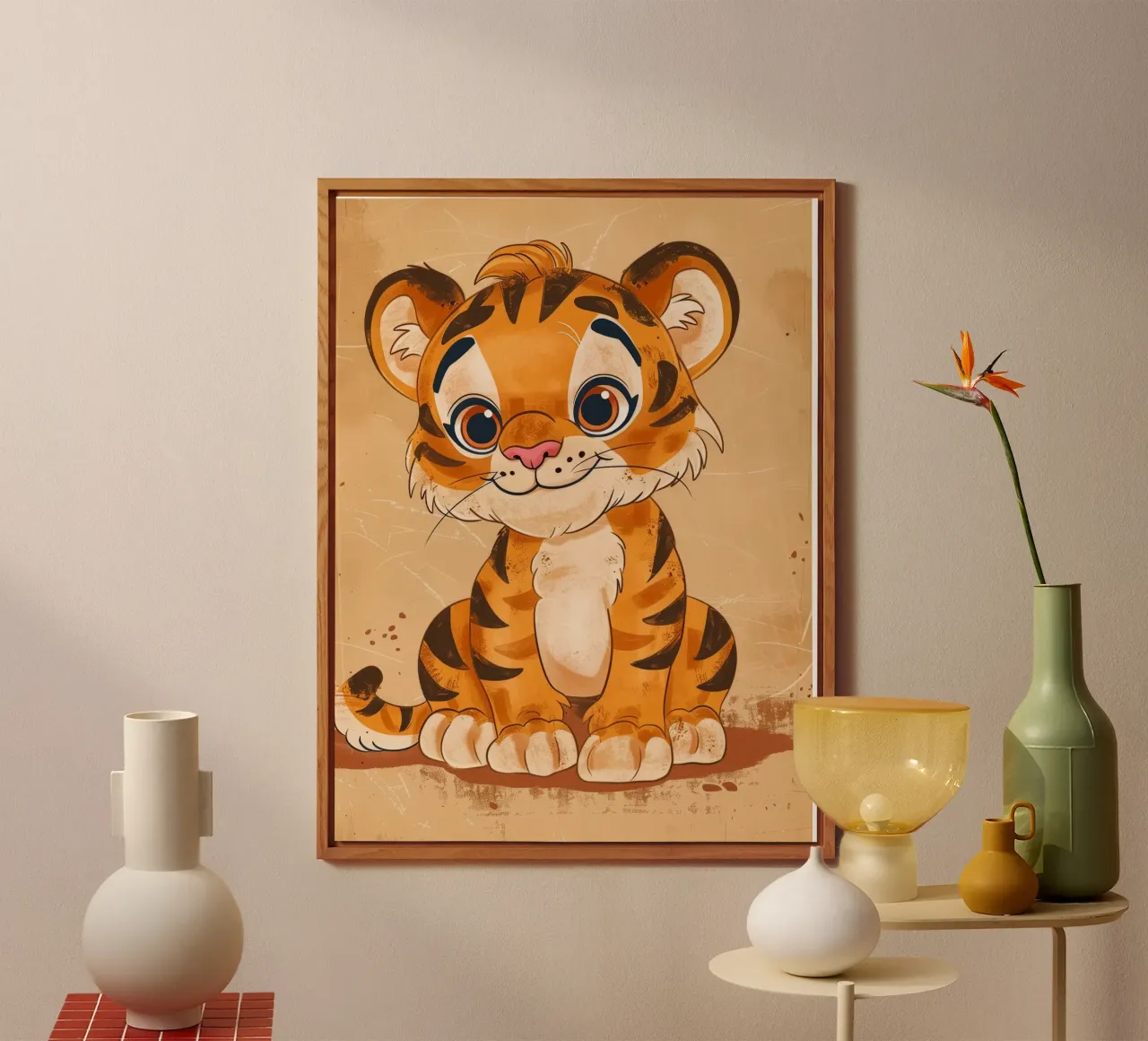 Simpatica tigre dei cartoni animati con occhi grandi e sguardo giocoso alluminio dibond da DesignDoodle