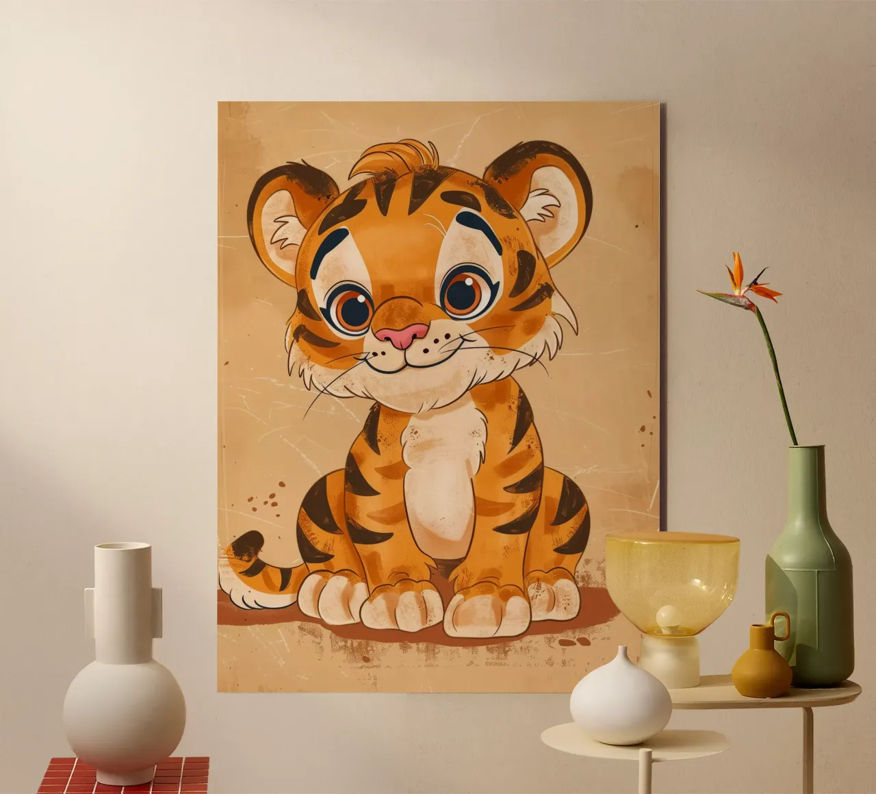 Simpatica tigre dei cartoni animati con occhi grandi e sguardo giocoso alluminio dibond da DesignDoodle