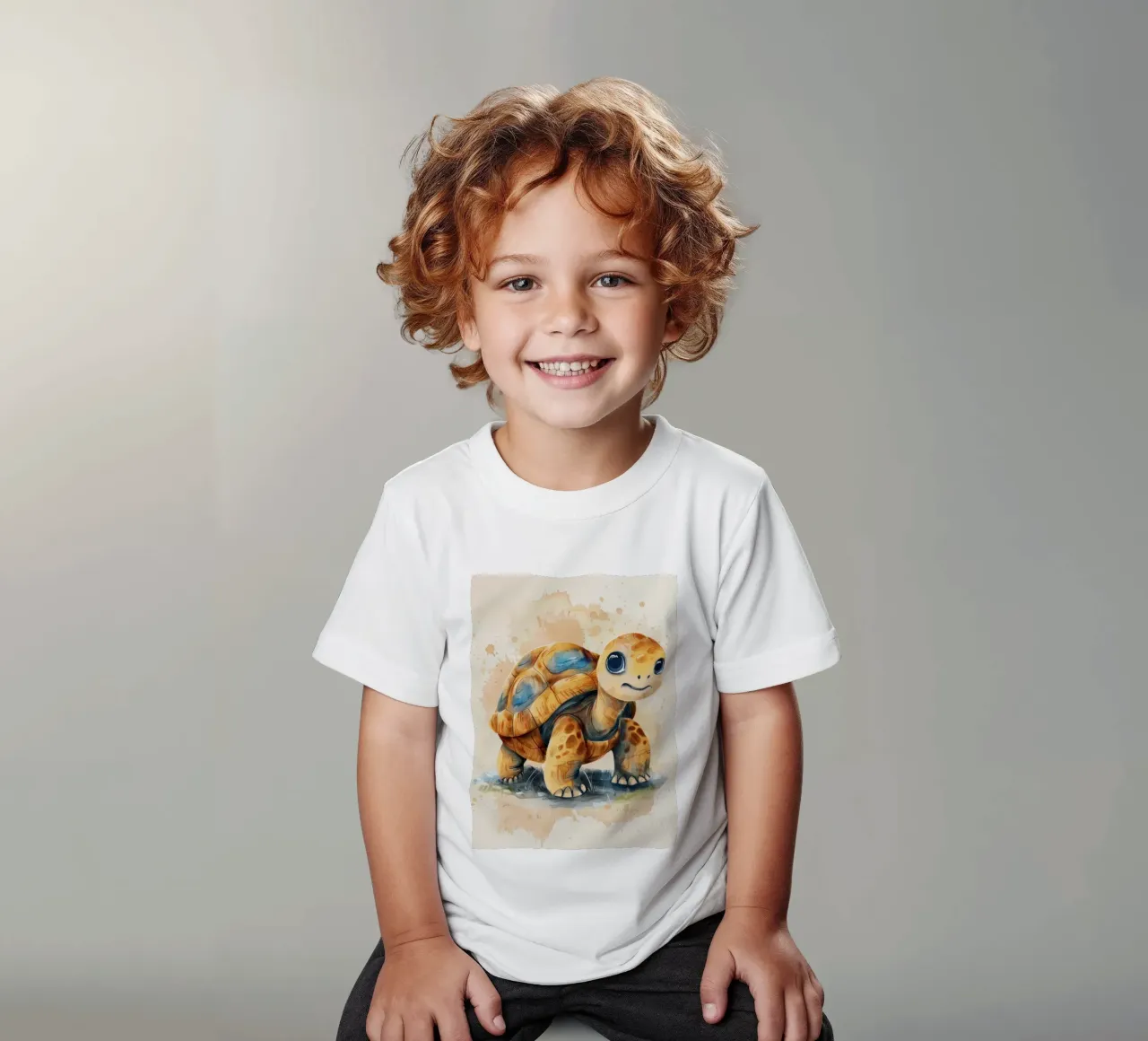 Mignonne tortue explorant une zone herbeuse avec un style doux et chaleureux t-shirt enfant de DesignDoodle