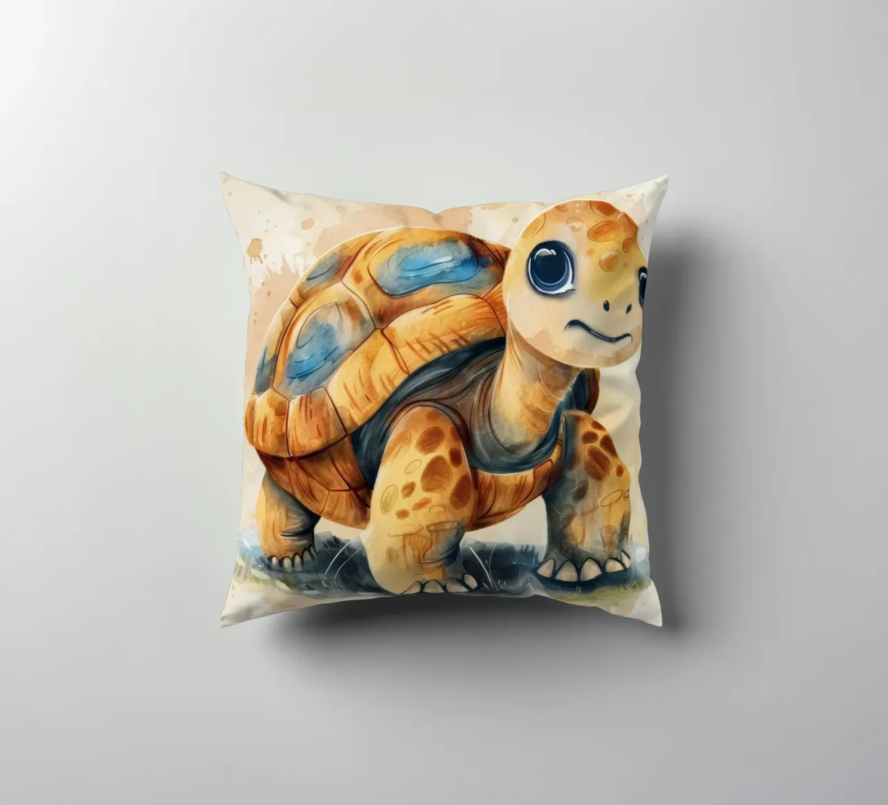 Simpatica tartaruga che esplora un'area erbosa con uno stile dolce e caldo cuscino da DesignDoodle
