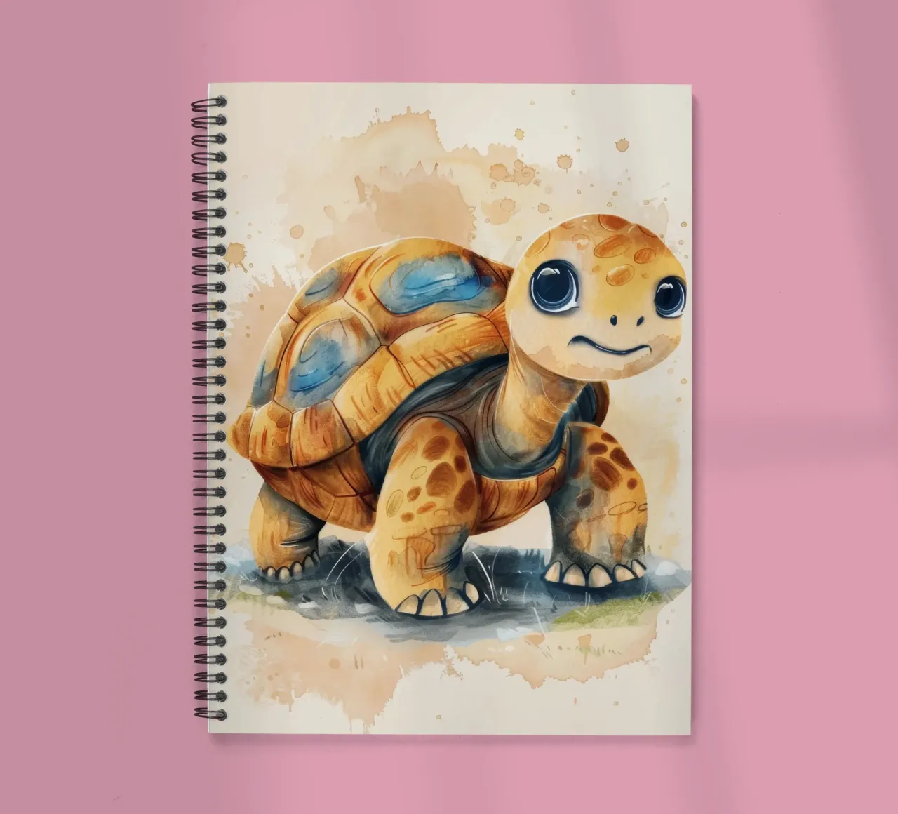 Mignonne tortue explorant une zone herbeuse avec un style doux et chaleureux carnet à spirale de DesignDoodle