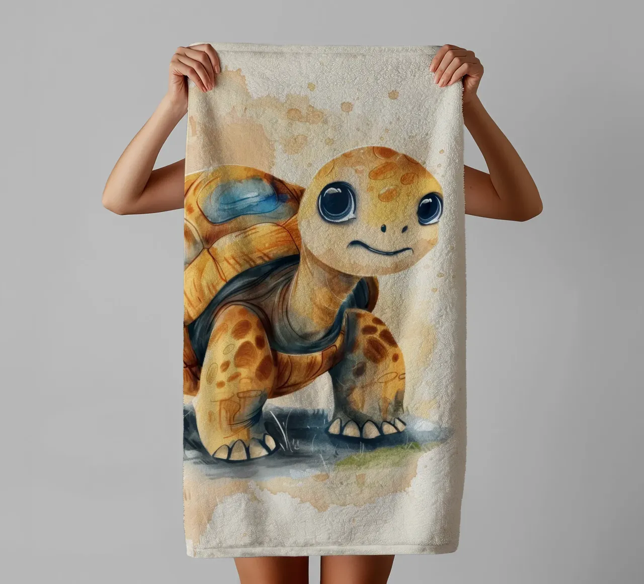 Cute turtle exploring a grassy area with gentle warm style towel by DesignDoodle