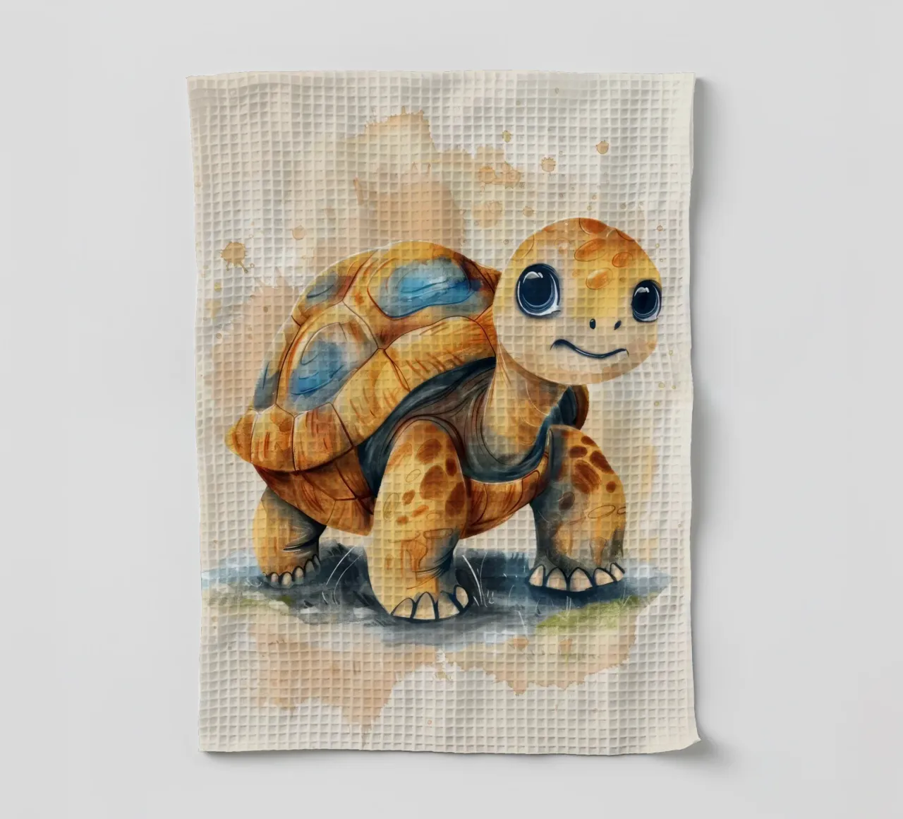 Mignonne tortue explorant une zone herbeuse avec un style doux et chaleureux torchon de DesignDoodle