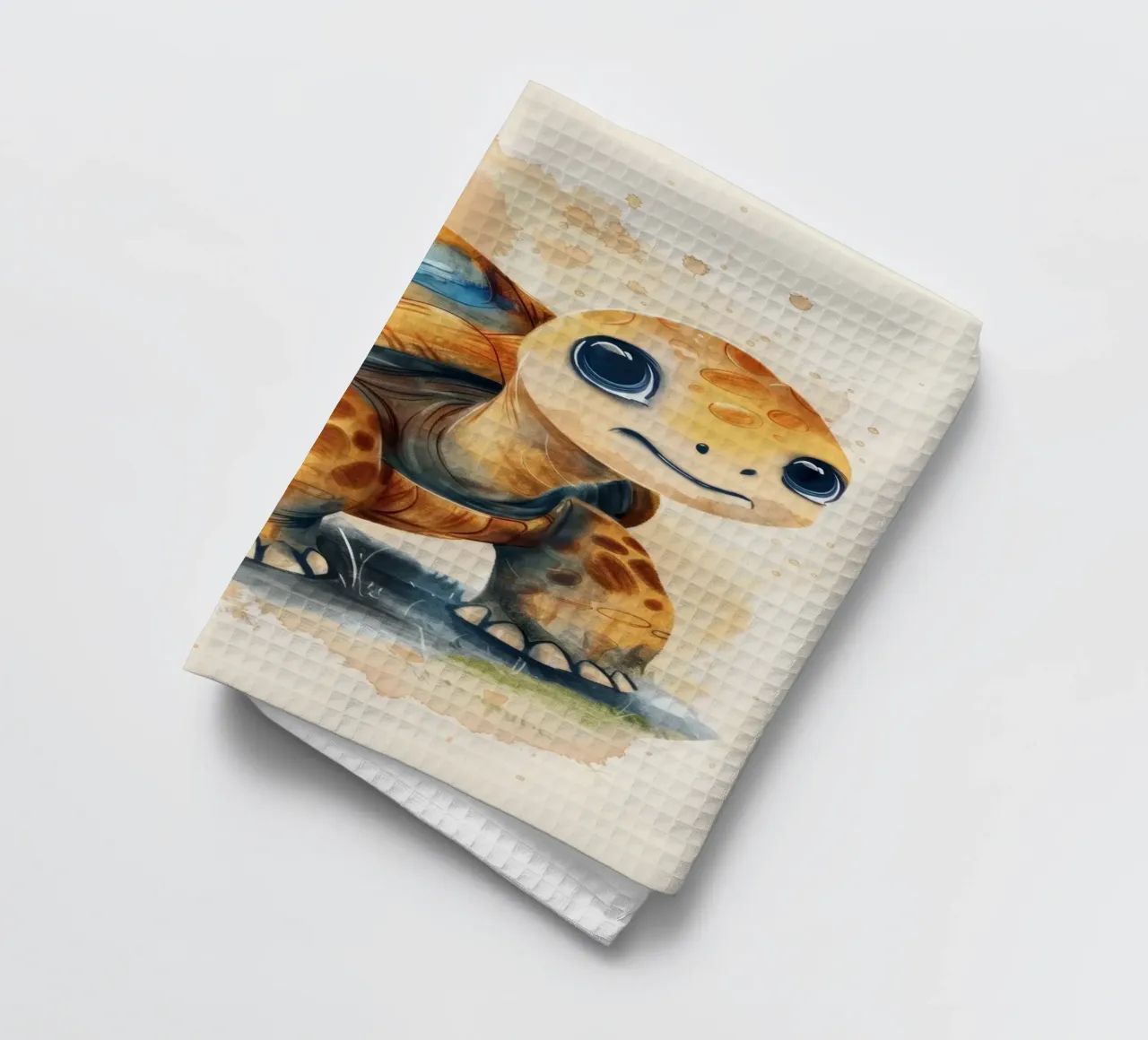 Mignonne tortue explorant une zone herbeuse avec un style doux et chaleureux torchon de DesignDoodle