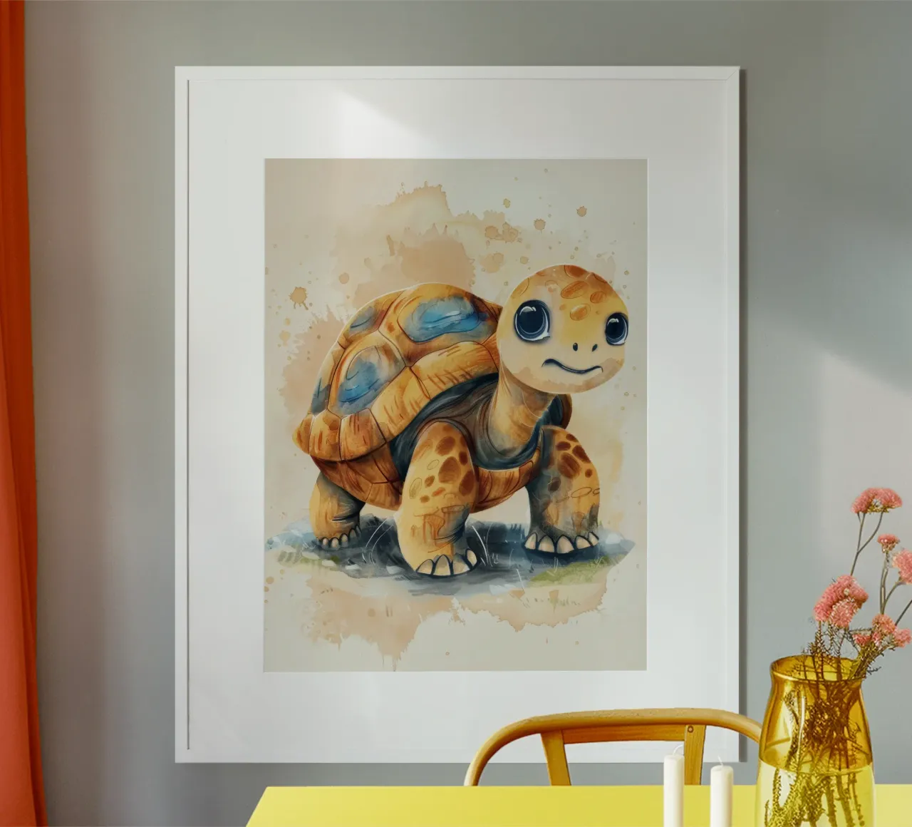Mignonne tortue explorant une zone herbeuse avec un style doux et chaleureux poster avec cadre en aluminium de DesignDoodle