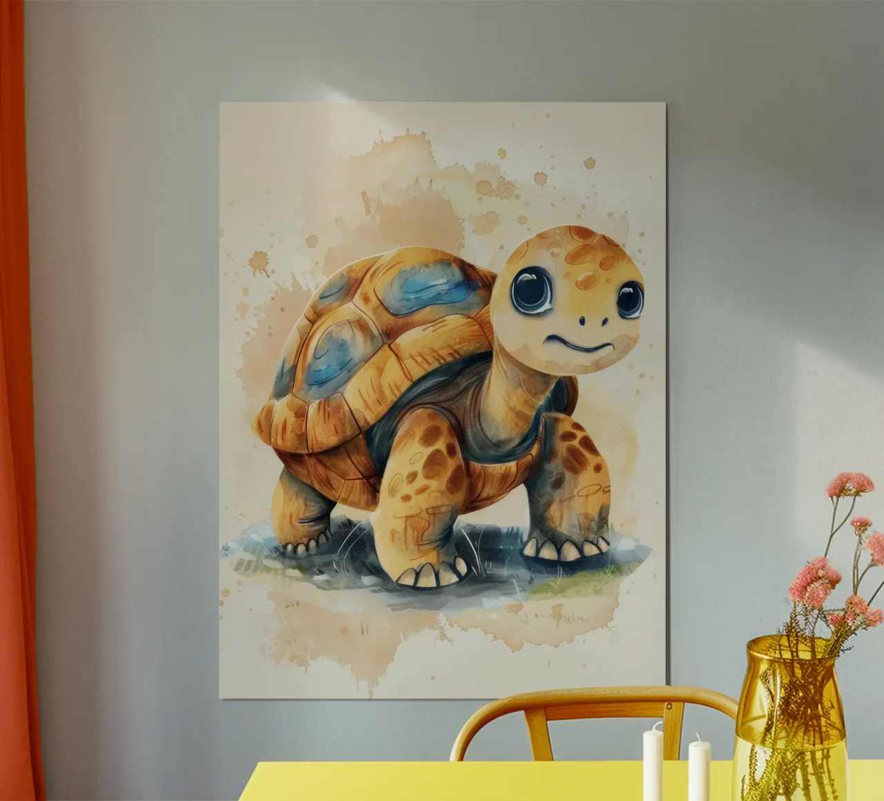 Mignonne tortue explorant une zone herbeuse avec un style doux et chaleureux poster avec cadre en aluminium de DesignDoodle