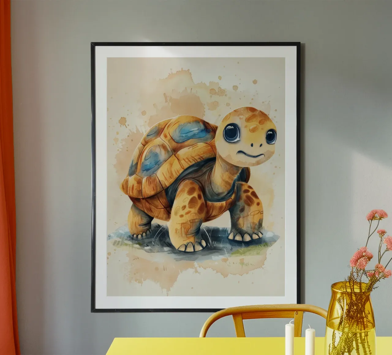 Mignonne tortue explorant une zone herbeuse avec un style doux et chaleureux poster avec cadre en aluminium de DesignDoodle