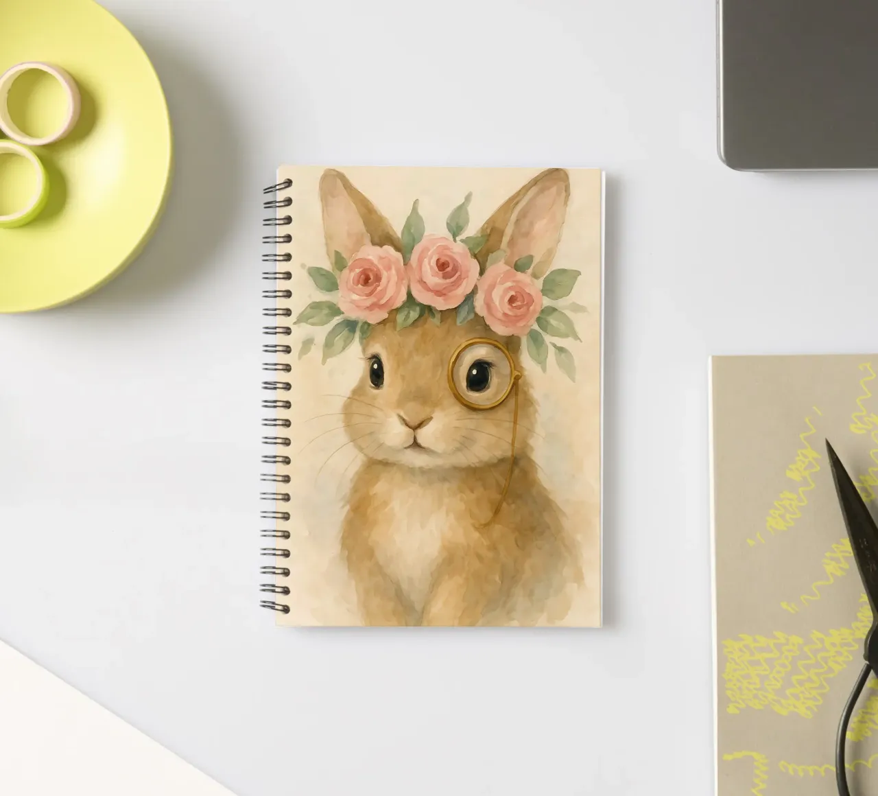 Gentle Bunny with Roses & Monocle spiral notebook by Graceful Desine