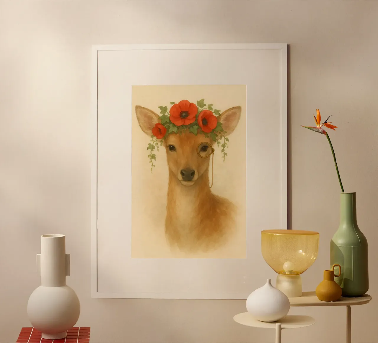 Cervo gentiluomo floreale con monocolo poster con telaio in alluminio da Graceful Desine