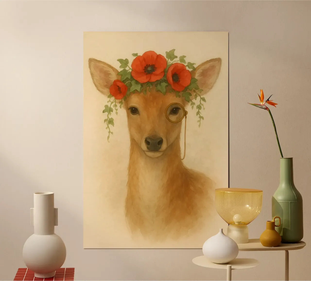 Cervo gentiluomo floreale con monocolo poster con telaio in alluminio da Graceful Desine