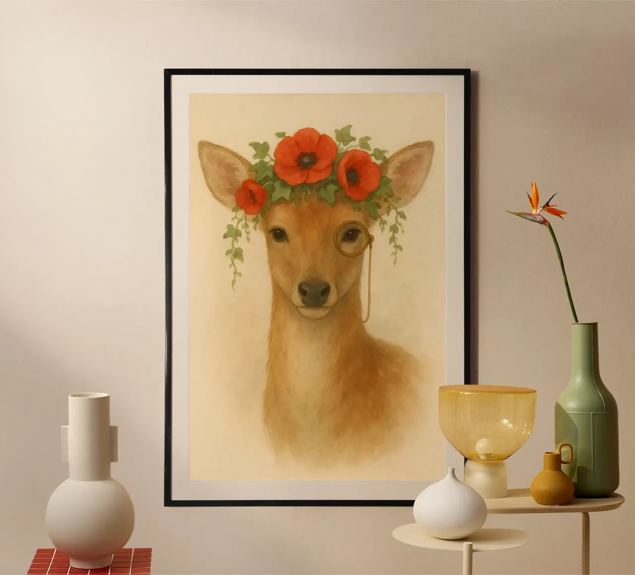 Cervo gentiluomo floreale con monocolo poster con telaio in alluminio da Graceful Desine