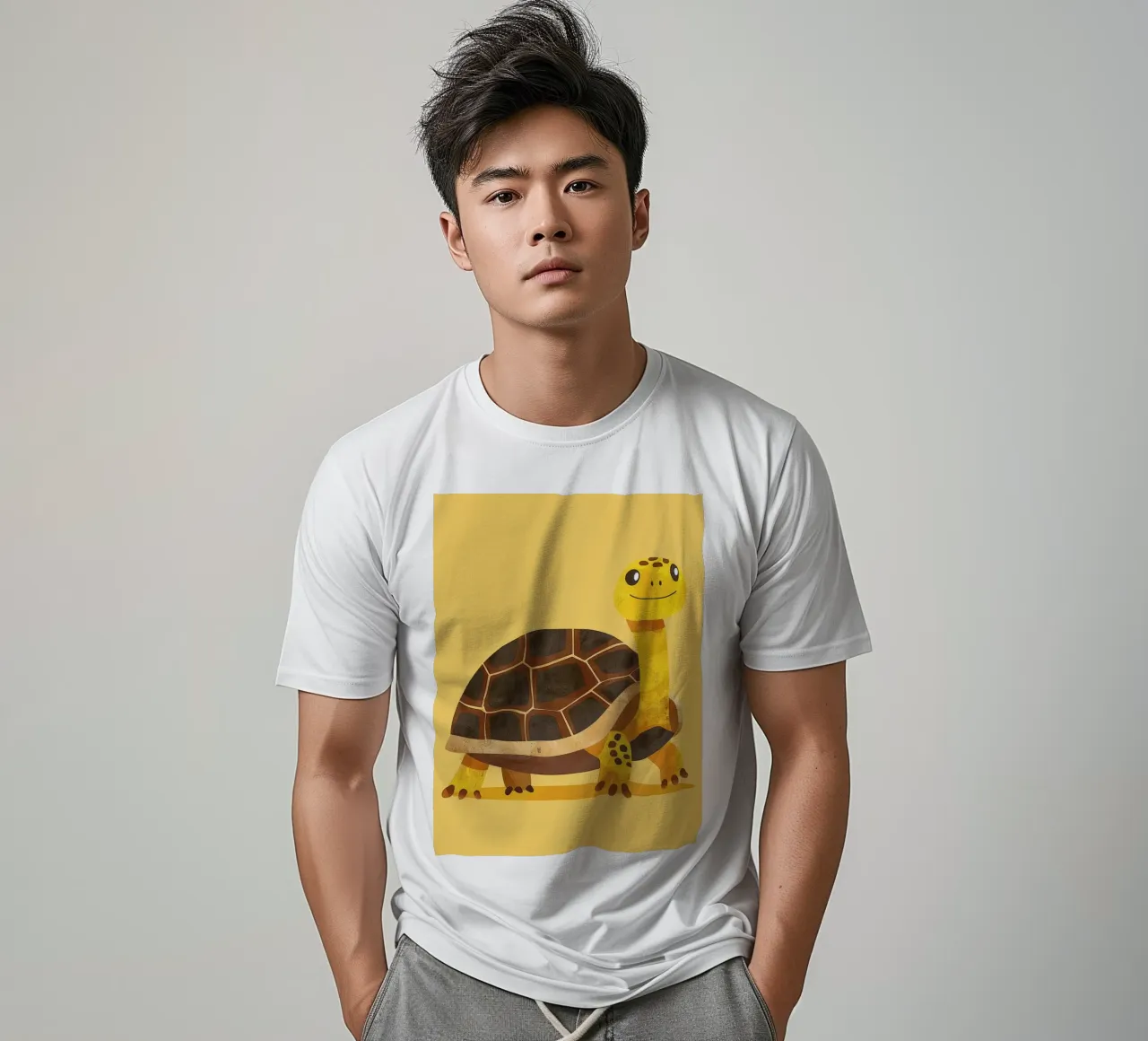 Tortue à l'expression joyeuse sur un tableau jaune vif t-shirt de DesignDoodle