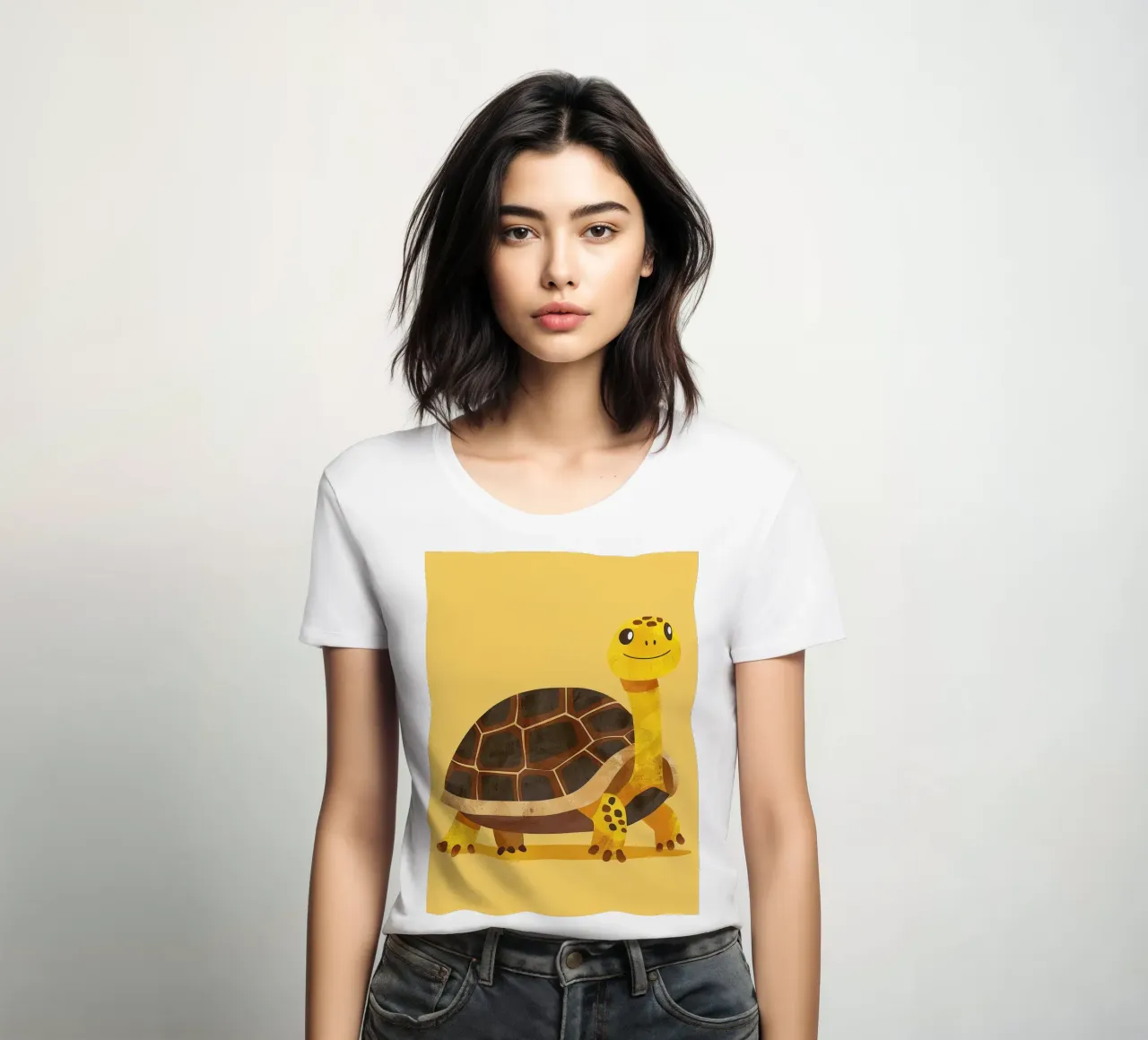 Tortue à l'expression joyeuse sur un tableau jaune vif t-shirt ajusté pour femmes de DesignDoodle
