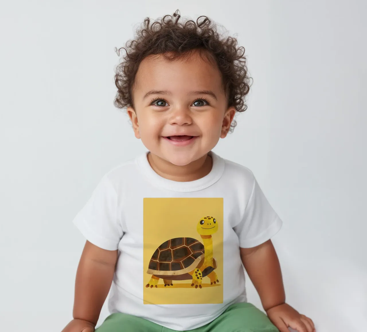 Tortue à l'expression joyeuse sur un tableau jaune vif t-shirt pour bébé de DesignDoodle