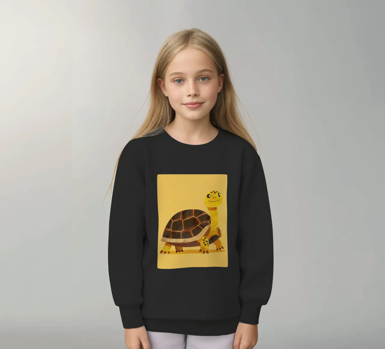 Schildpad met een vrolijke uitdrukking op een felgele kunst kinder sweatshirt van DesignDoodle