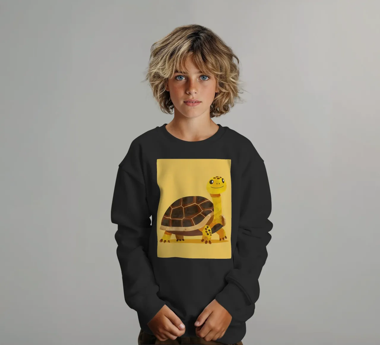 Schildpad met een vrolijke uitdrukking op een felgele kunst kinder sweatshirt van DesignDoodle
