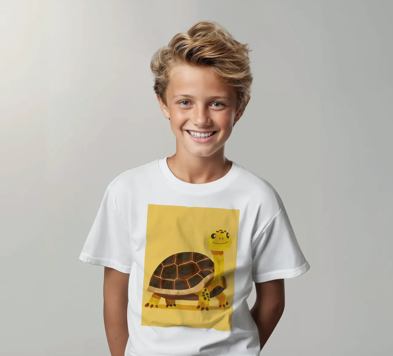 Tortue à l'expression joyeuse sur un tableau jaune vif t-shirt enfant de DesignDoodle