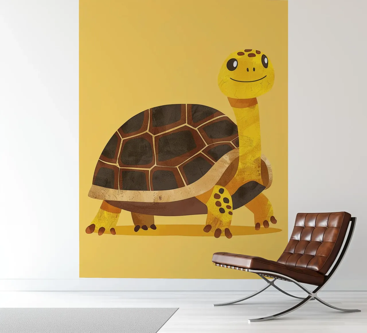 Tortue à l'expression joyeuse sur un tableau jaune vif papier peint photo de DesignDoodle