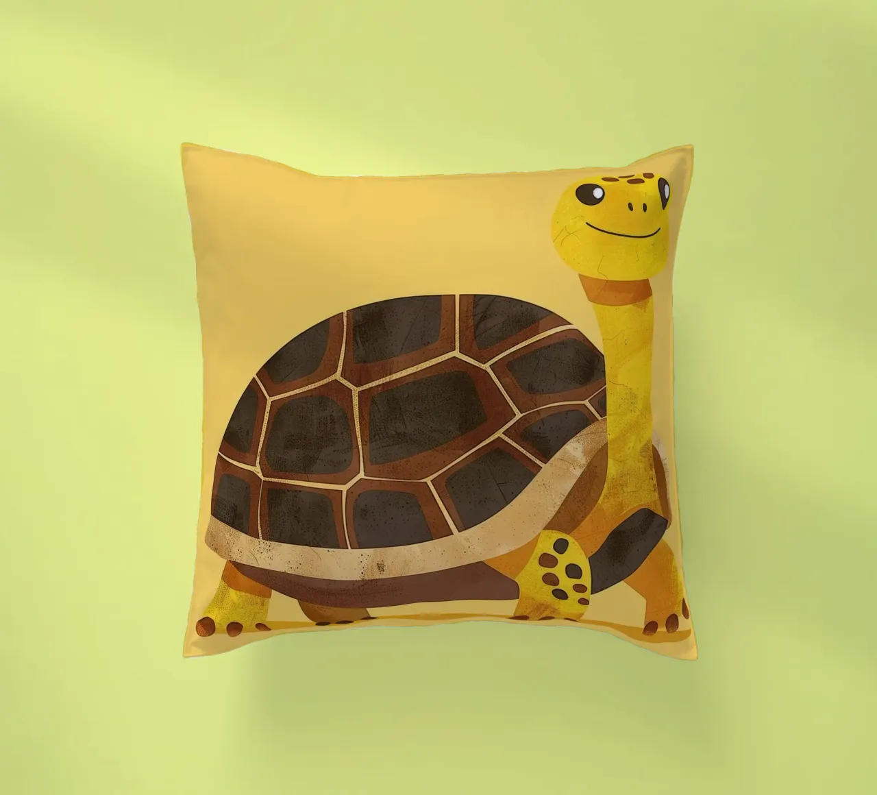 Tortue à l'expression joyeuse sur un tableau jaune vif coussin de DesignDoodle