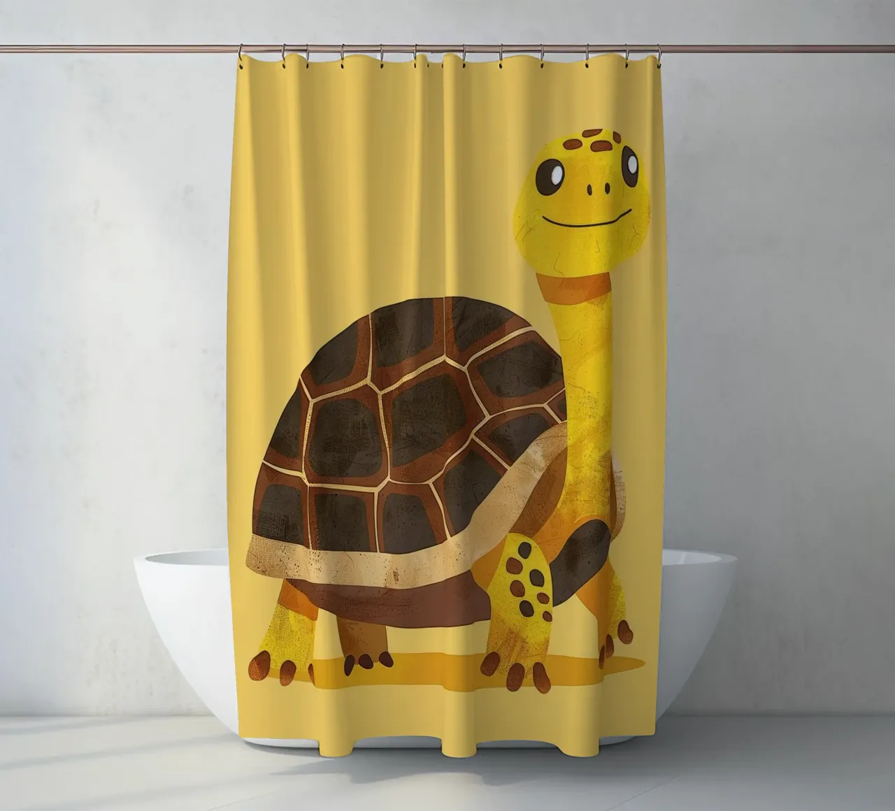 Tortue à l'expression joyeuse sur un tableau jaune vif rideau de douche de DesignDoodle