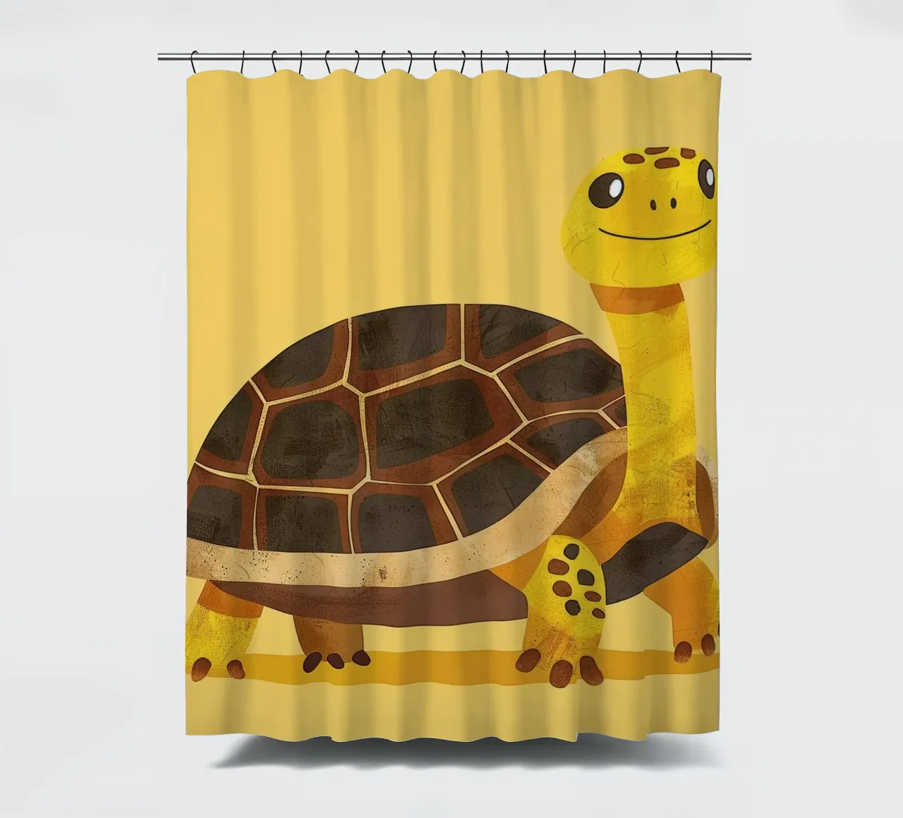 Tortue à l'expression joyeuse sur un tableau jaune vif rideau de douche de DesignDoodle