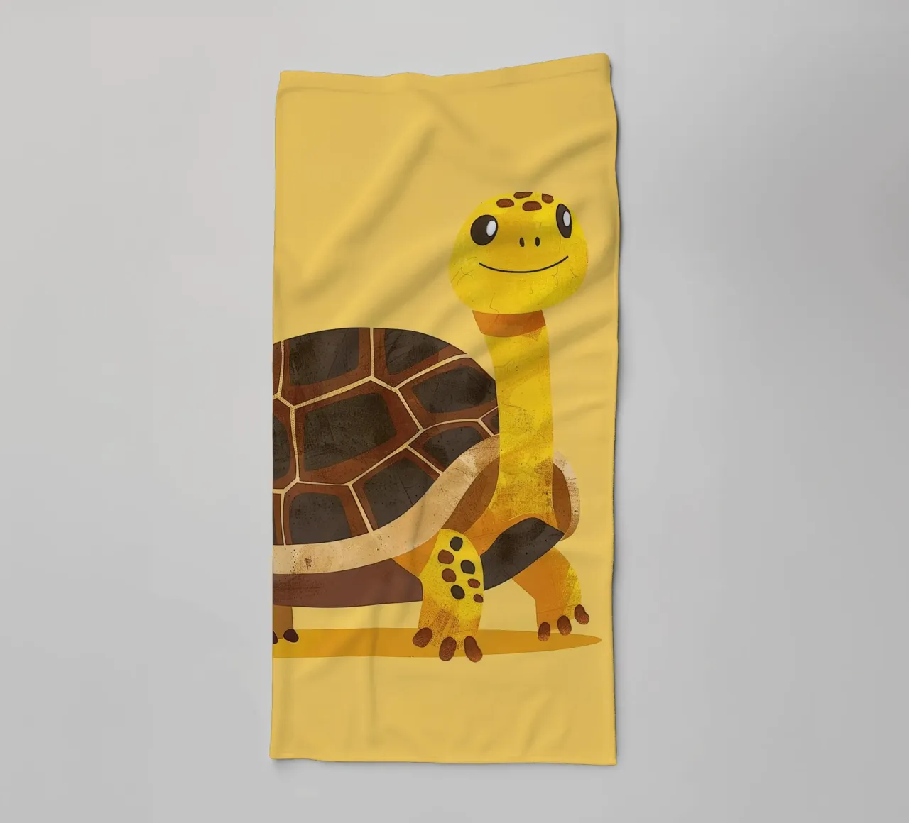 Turtle with a cheerful expression on a bright yellow art towel by DesignDoodle