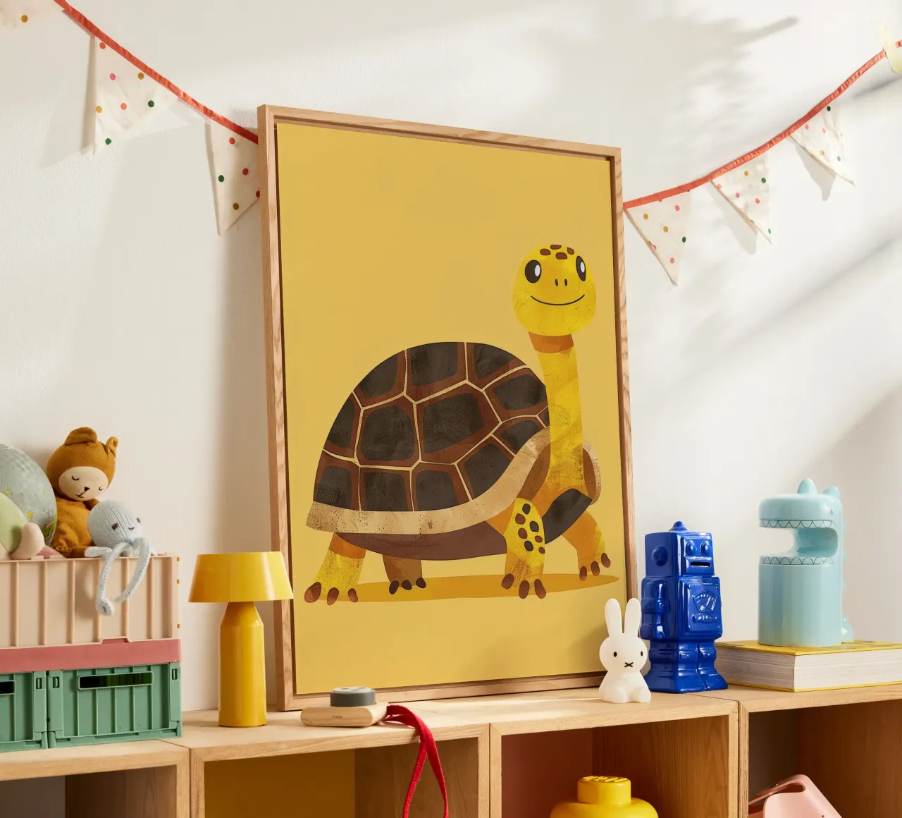 Tortue à l'expression joyeuse sur un tableau jaune vif plexiglas de DesignDoodle