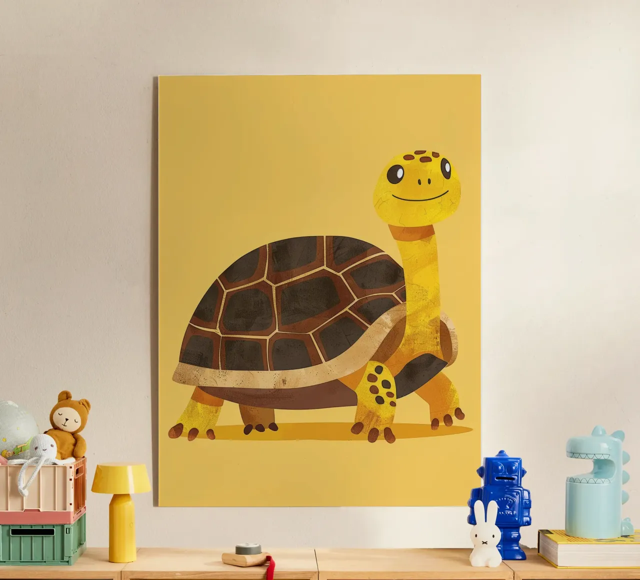 Tortue à l'expression joyeuse sur un tableau jaune vif plexiglas de DesignDoodle