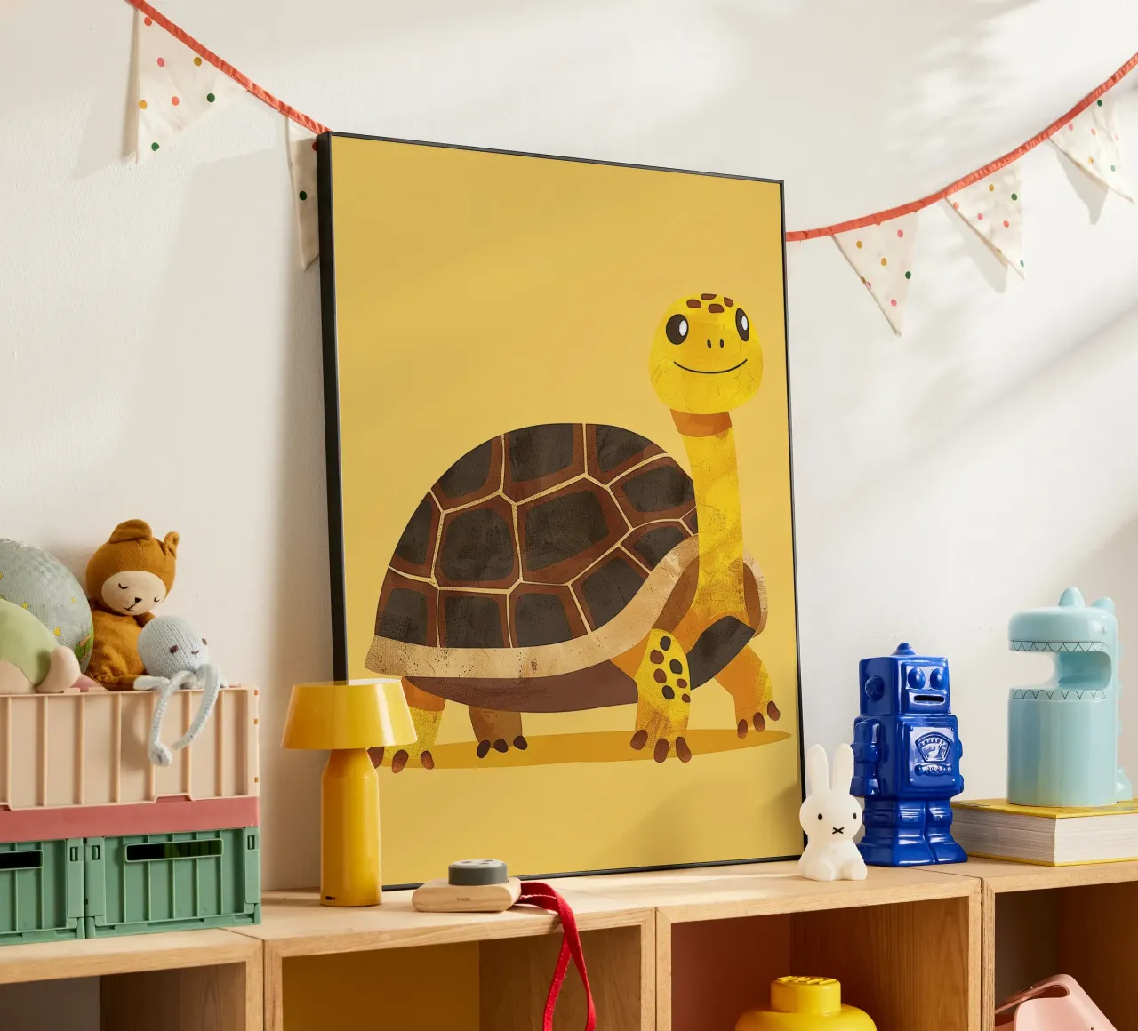 Tortue à l'expression joyeuse sur un tableau jaune vif alu dibond de DesignDoodle