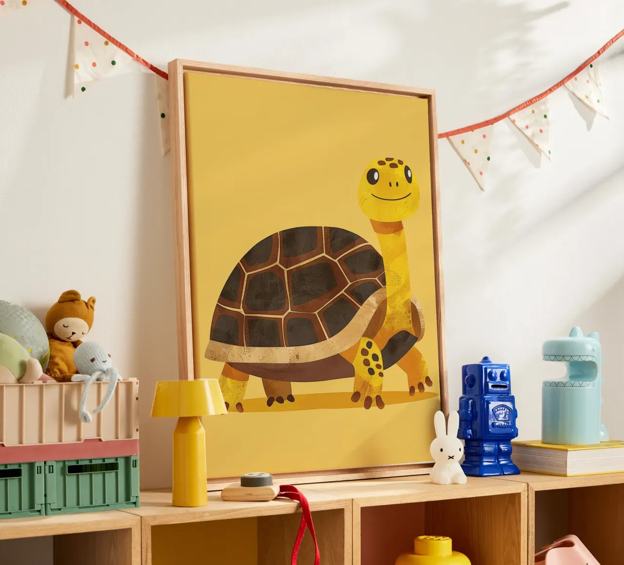 Tortue à l'expression joyeuse sur un tableau jaune vif toile de DesignDoodle
