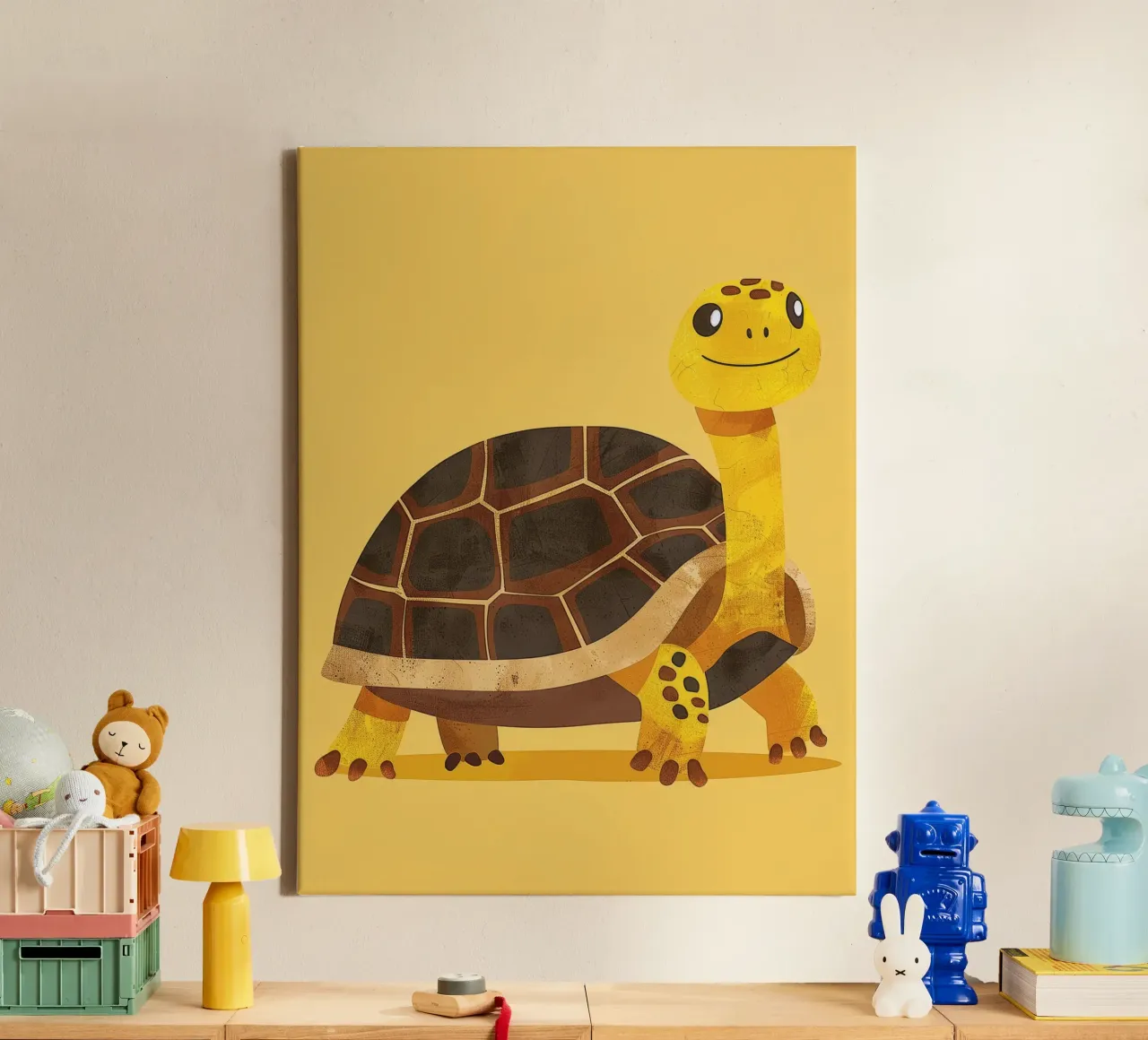 Tortue à l'expression joyeuse sur un tableau jaune vif toile de DesignDoodle