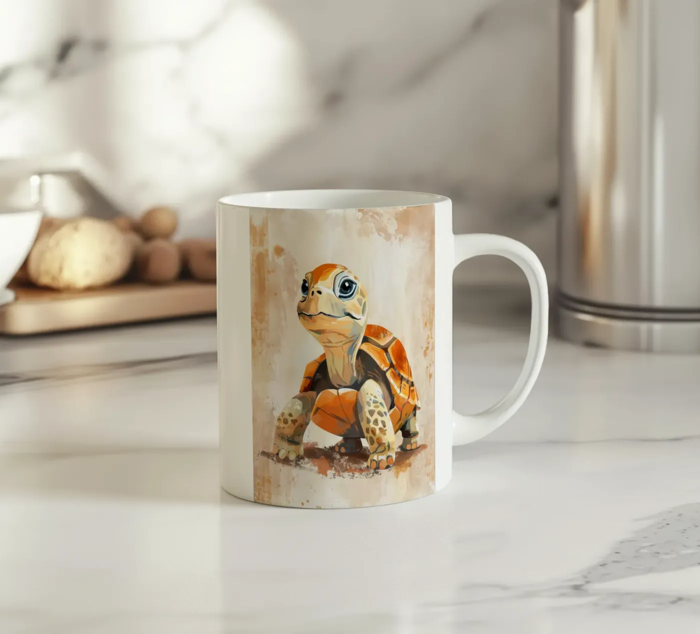 Turtle exploring a sandy landscape ceramic mug by DesignDoodle