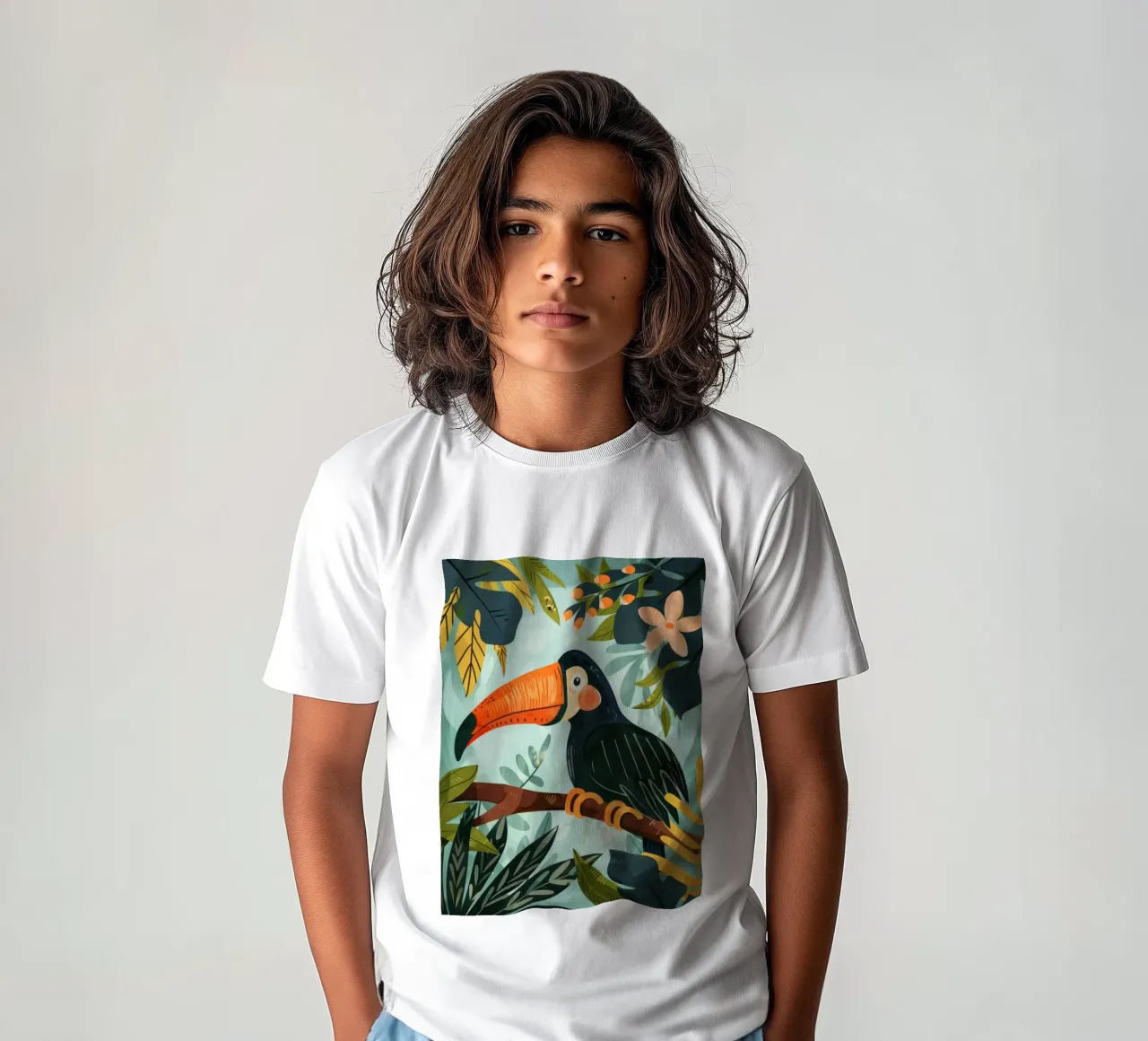 Bunter Tukan inmitten von tropischem Laub in üppigen Wäldern Kinder T-Shirt von DesignDoodle