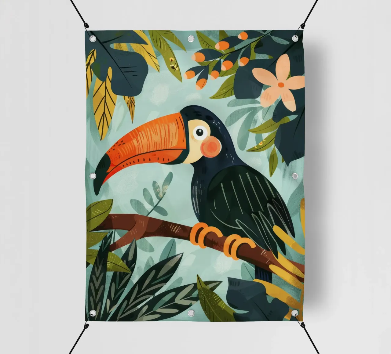 Tucano colorato appollaiato tra il fogliame tropicale in una foresta lussureggiante telo in pvc da DesignDoodle