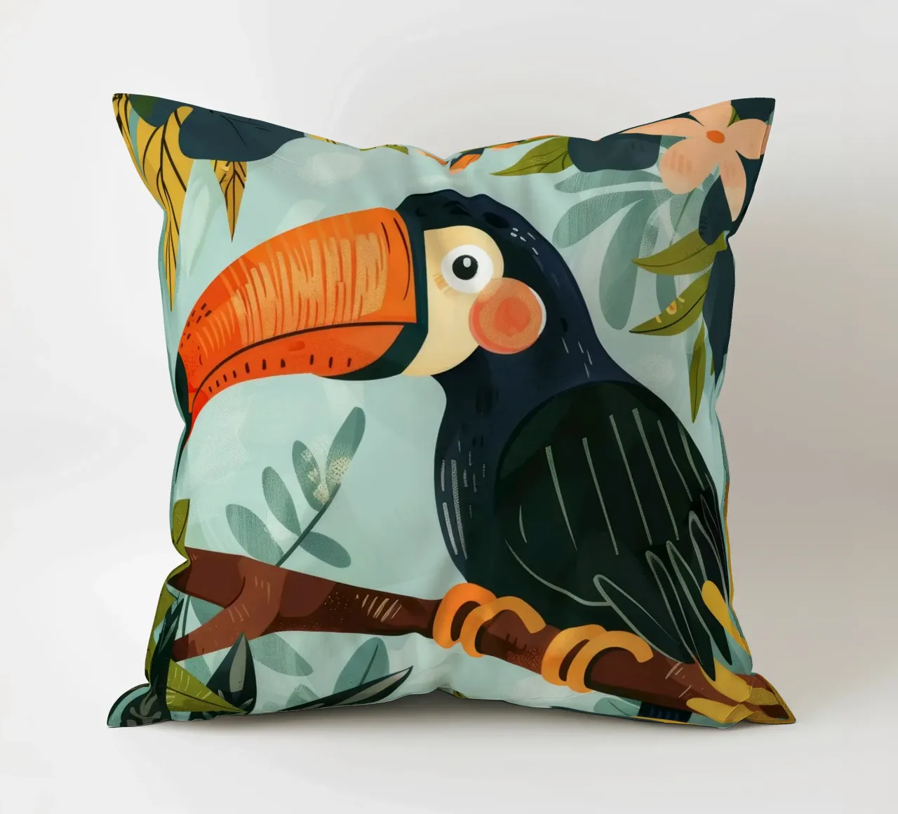 Tucano colorato appollaiato tra il fogliame tropicale in una foresta lussureggiante cuscino da DesignDoodle