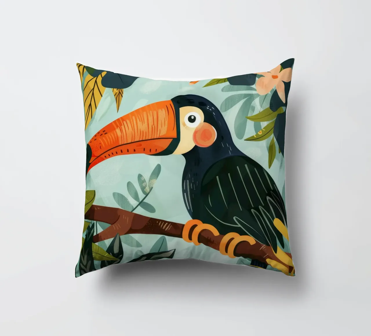 Tucano colorato appollaiato tra il fogliame tropicale in una foresta lussureggiante cuscino da DesignDoodle