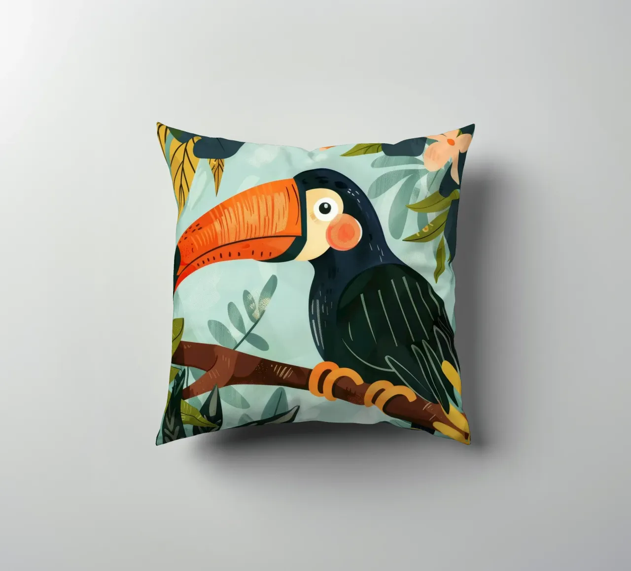 Tucano colorato appollaiato tra il fogliame tropicale in una foresta lussureggiante cuscino da DesignDoodle