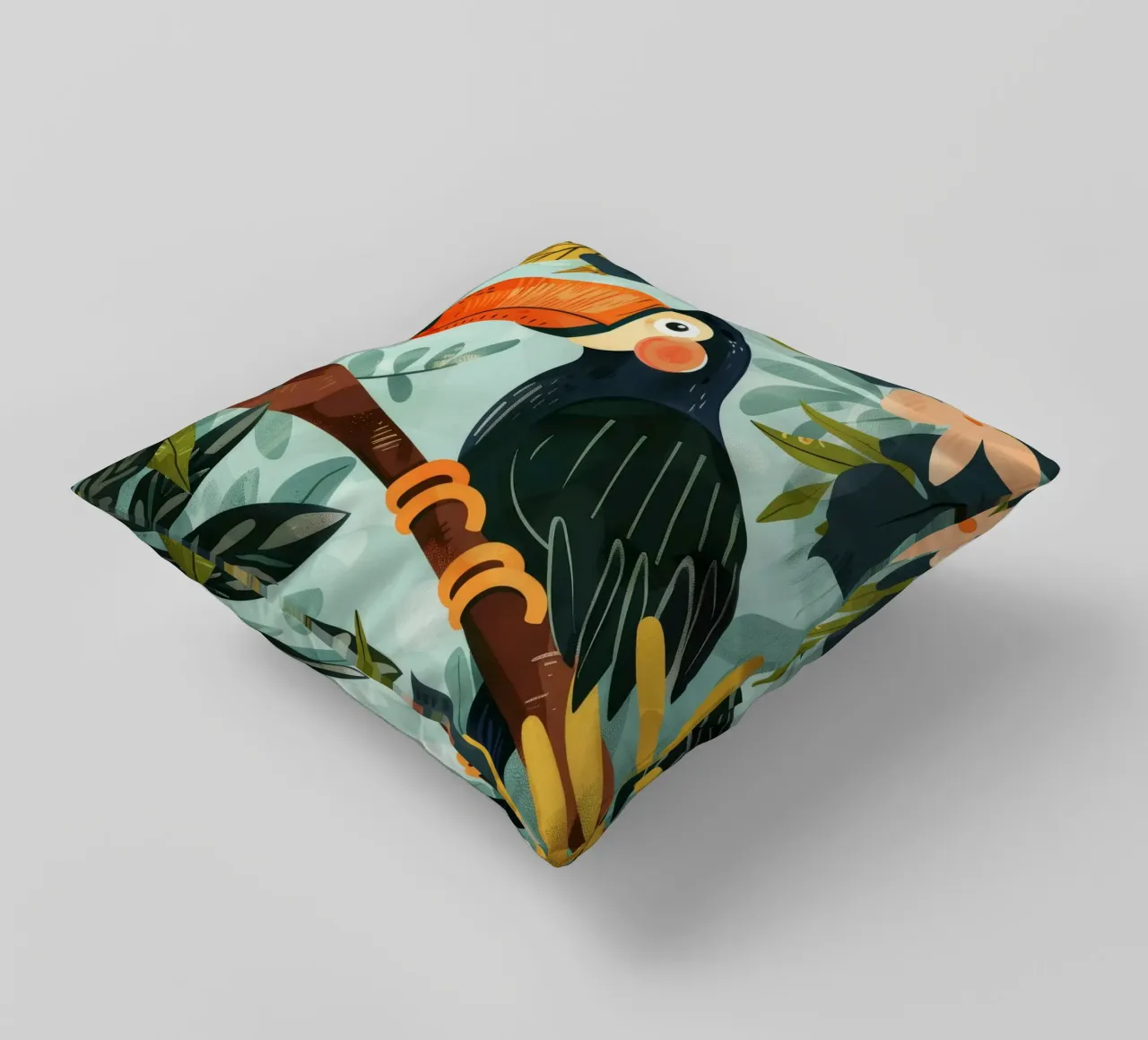 Tucano colorato appollaiato tra il fogliame tropicale in una foresta lussureggiante cuscino da DesignDoodle