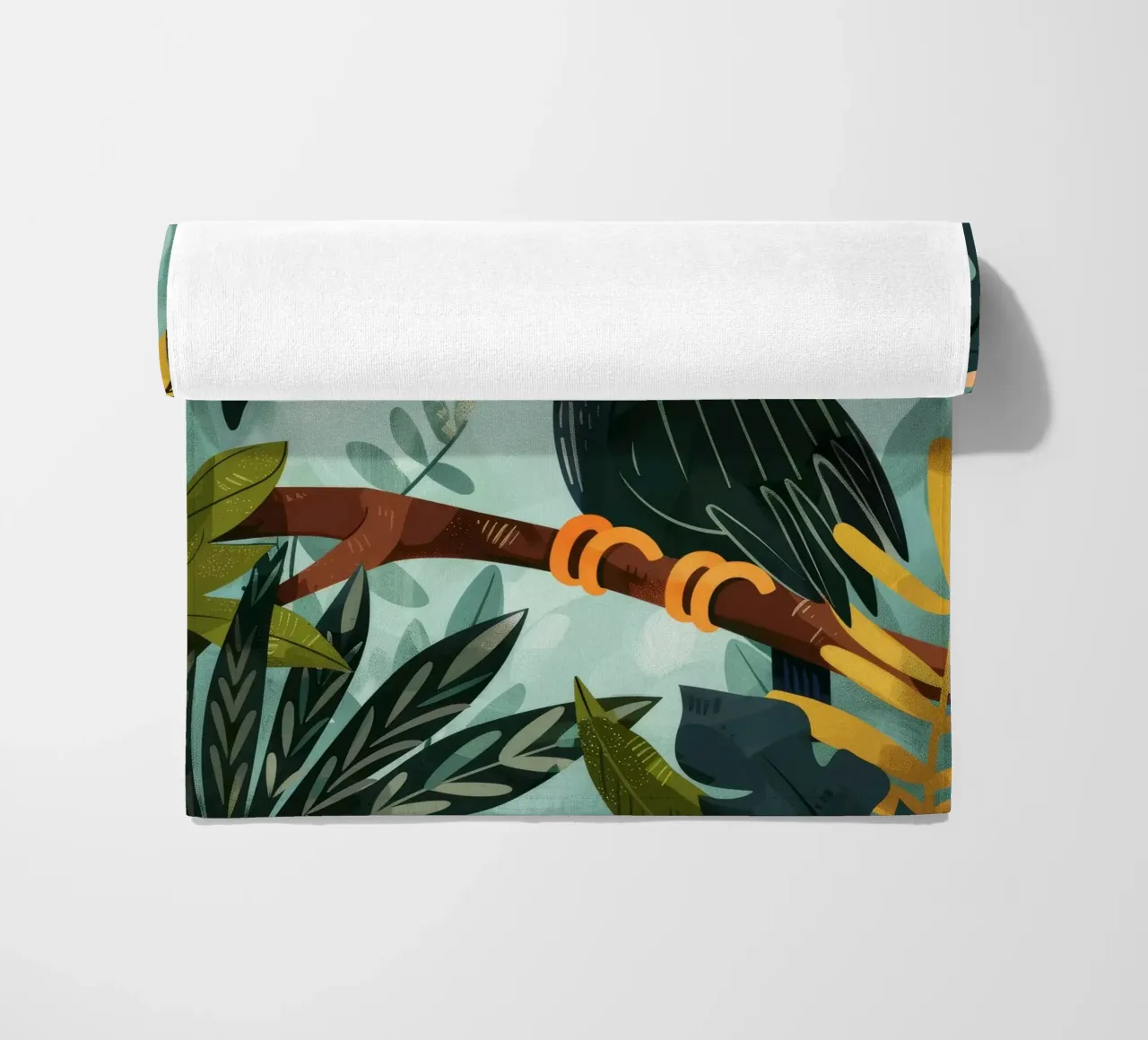 Tucano colorato appollaiato tra il fogliame tropicale in una foresta lussureggiante telo mare da DesignDoodle