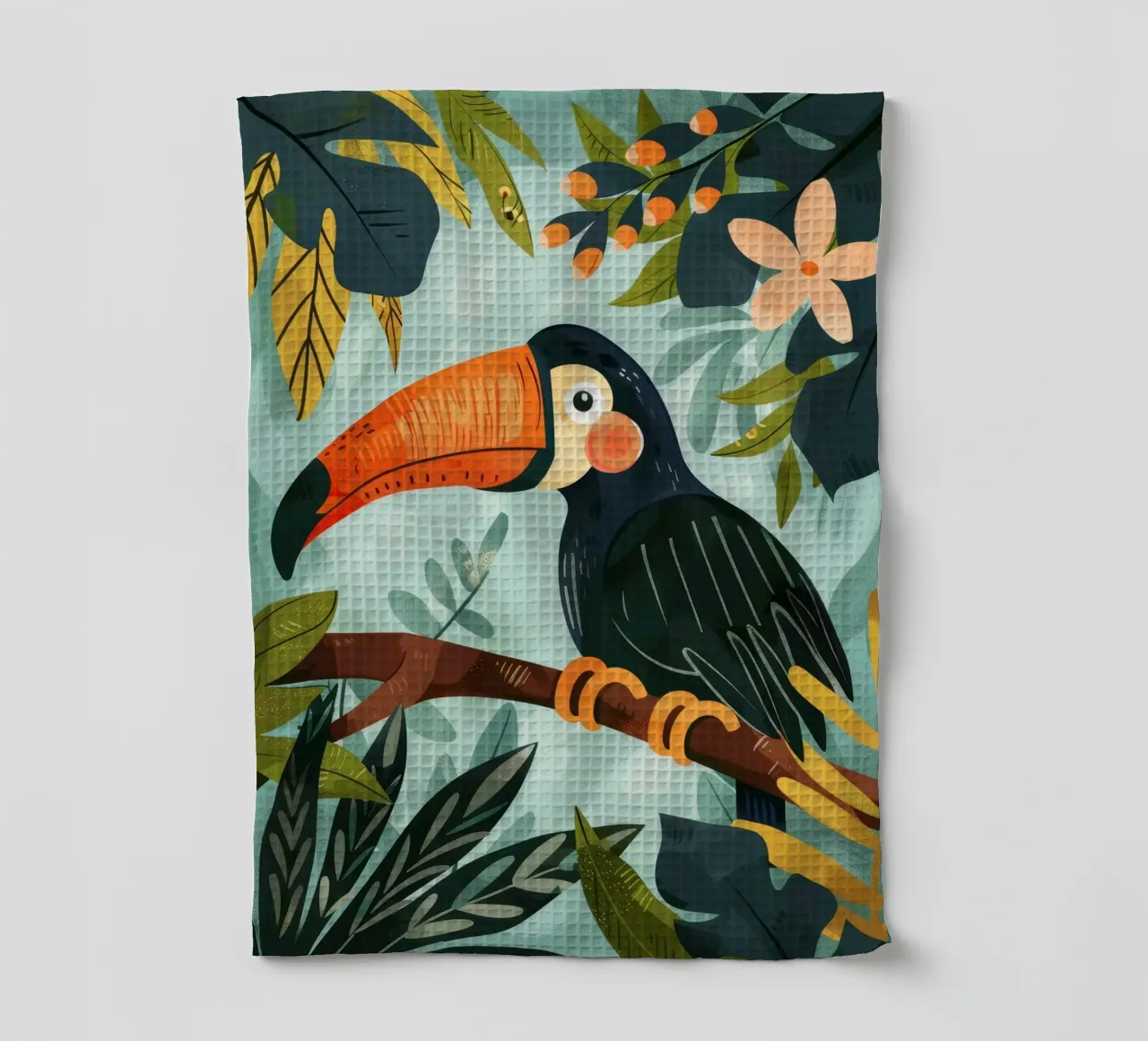 Bunter Tukan inmitten von tropischem Laub in üppigen Wäldern Geschirrtuch von DesignDoodle