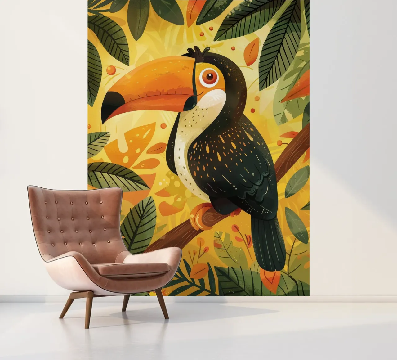 Toucan coloré perché sur une branche entourée de feuillage papier peint photo de DesignDoodle