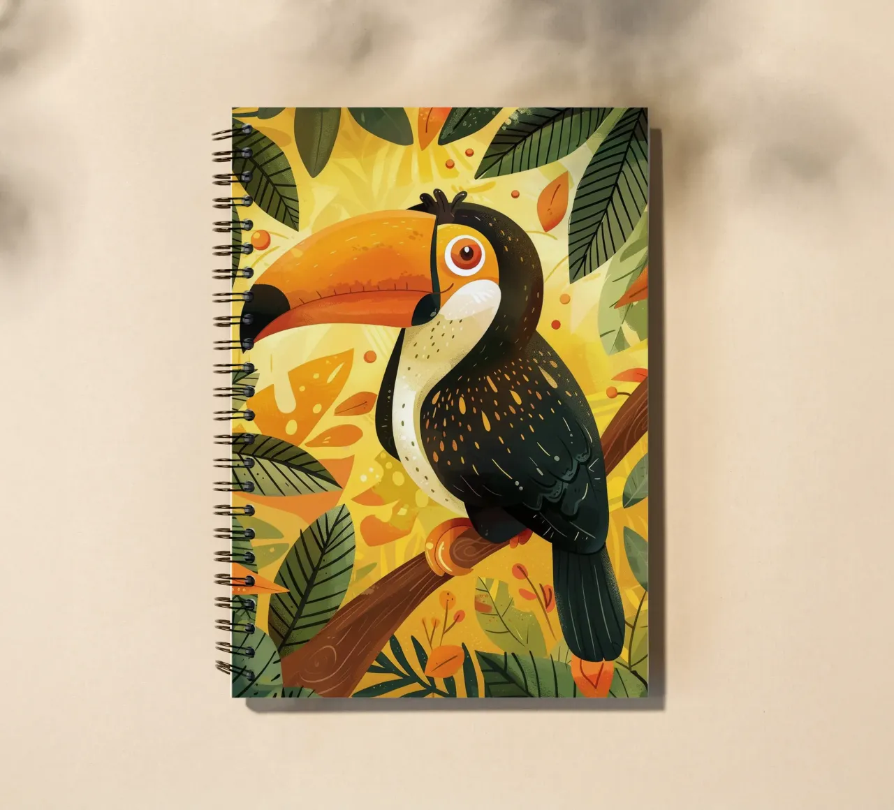Colorful toucan perched on a branch surrounded by leafy foli spiral notebook by DesignDoodle