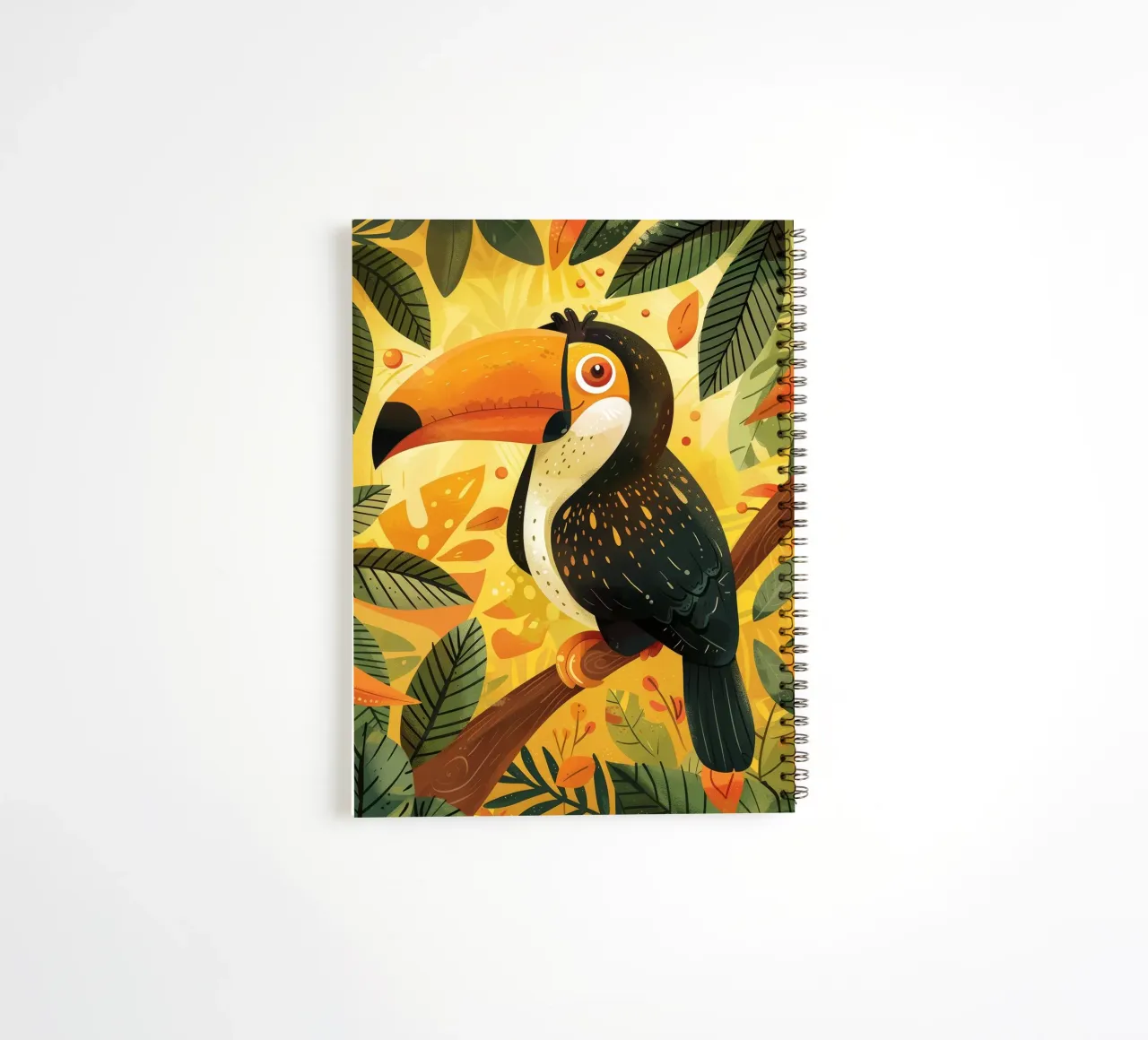 Colorful toucan perched on a branch surrounded by leafy foli spiral notebook by DesignDoodle