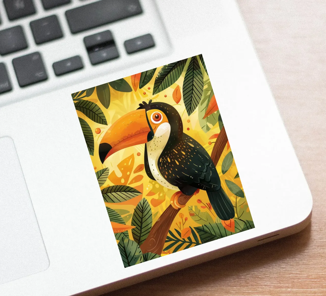Bunter Tukan auf einem Zweig, umgeben von Laubbäumen Sticker von DesignDoodle