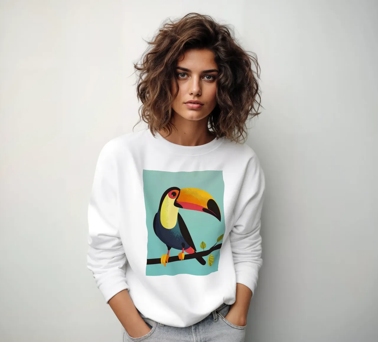 Tucano variopinto appollaiato su un ramo su un'opera d'arte turchese felpa da DesignDoodle