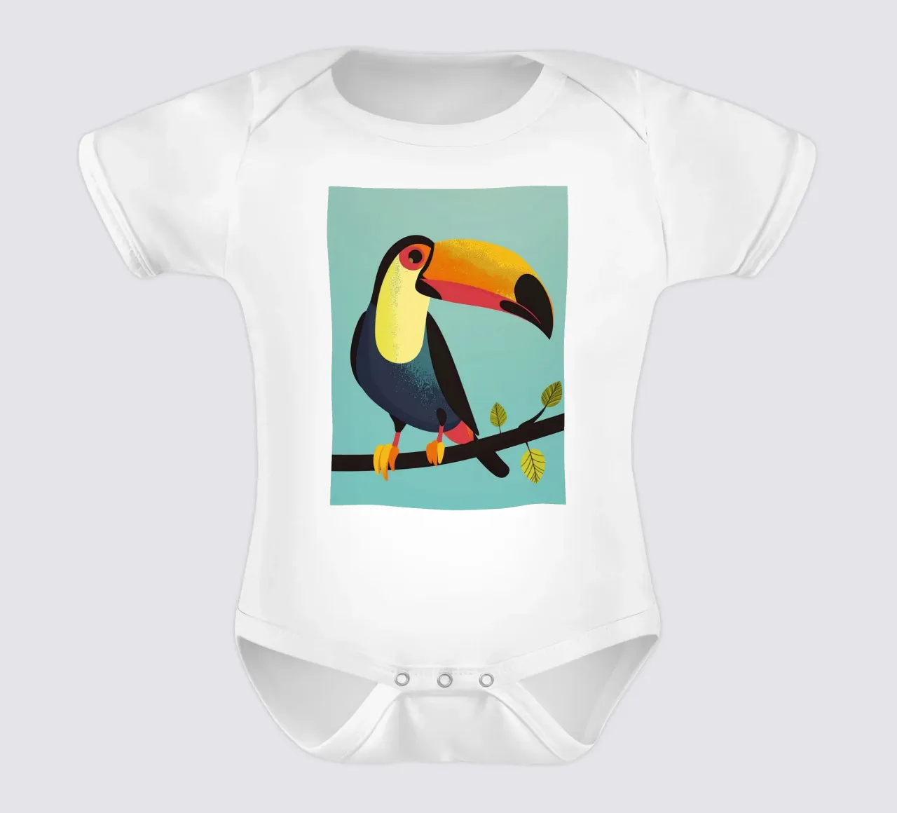 Tucano variopinto appollaiato su un ramo su un'opera d'arte turchese body neonato maniche corte da DesignDoodle