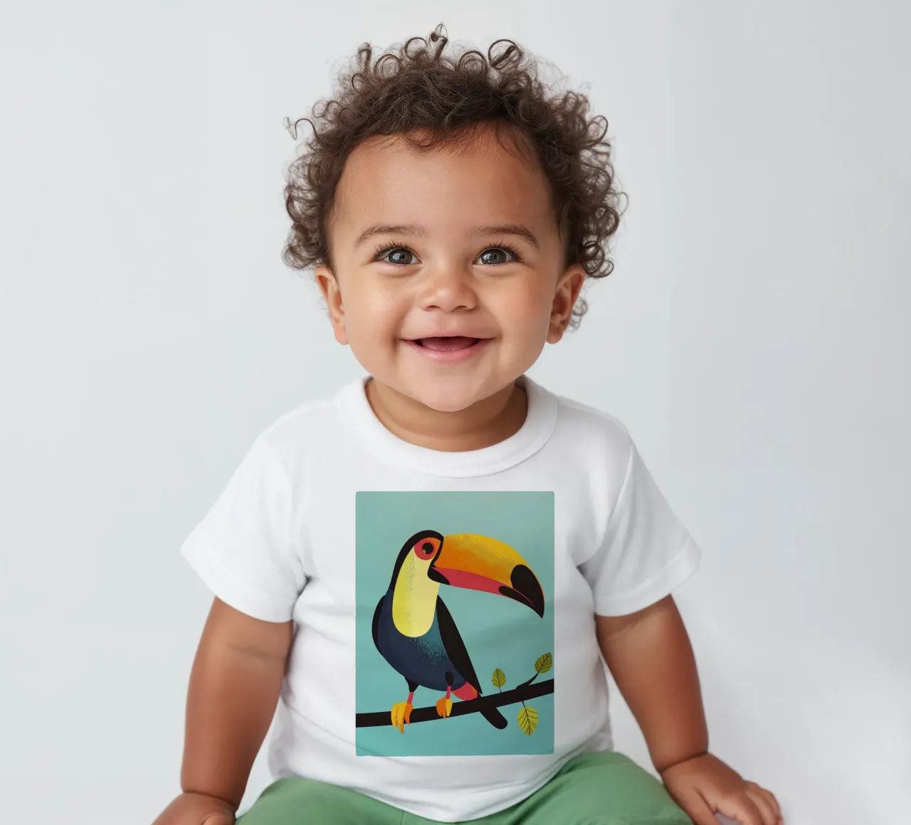 Tucano variopinto appollaiato su un ramo su un'opera d'arte turchese maglietta neonato da DesignDoodle